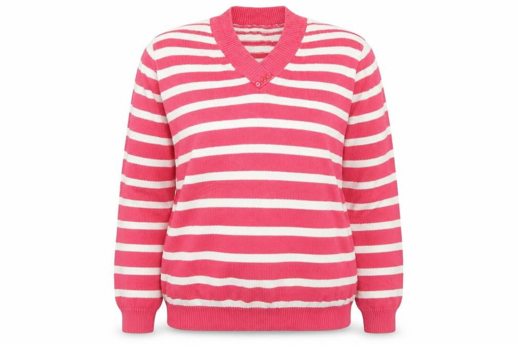 EWM Womens Pink V-Neck Striped Cotton Pullover Jumper Size M