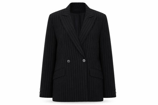 Front view of Ambience women’s black striped jacket blazer, size UK 10, button