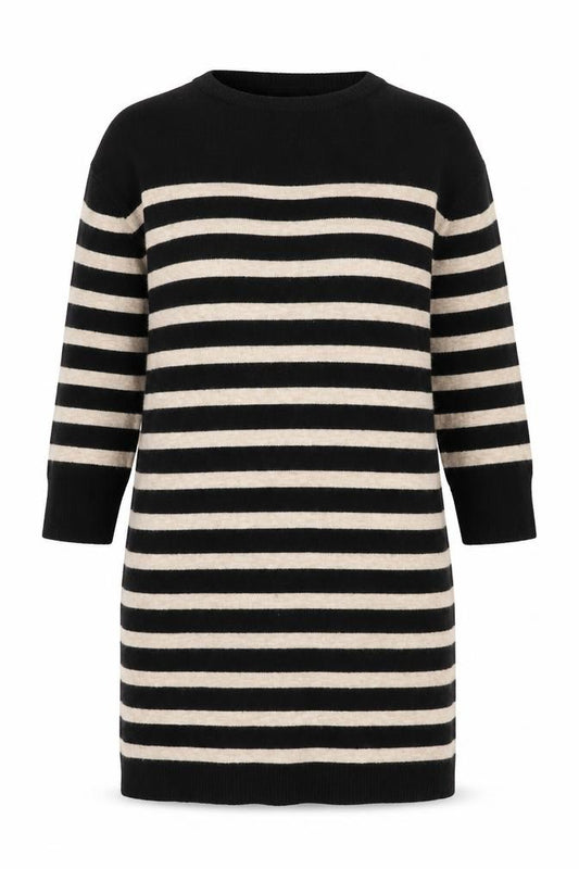 Front view of Primark women’s multicoloured round neck striped polyester jumper, size UK 14