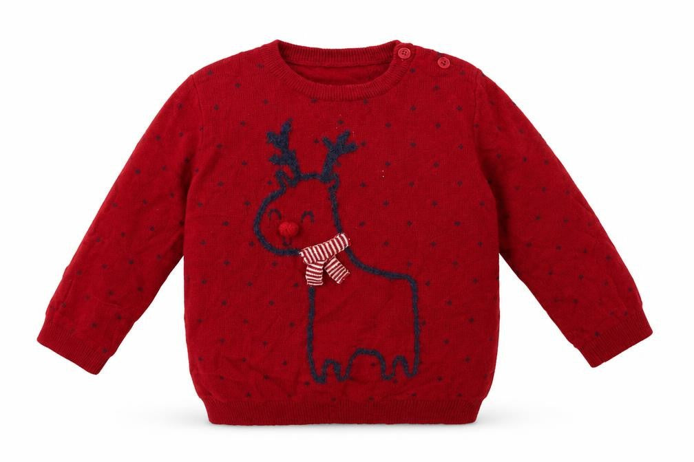 George Boys Red  Cotton Pullover Jumper Size 12-18 Months  Button - Rudolph Christmas Jumper