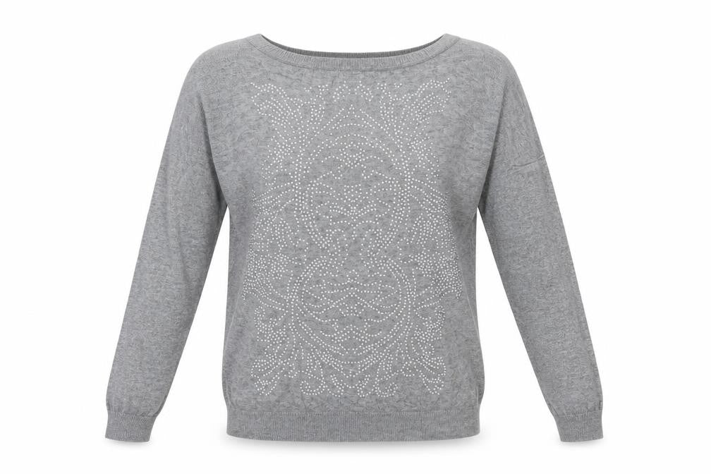 Front view of Warehouse women’s grey round neck geometric viscose jumper, size UK 10