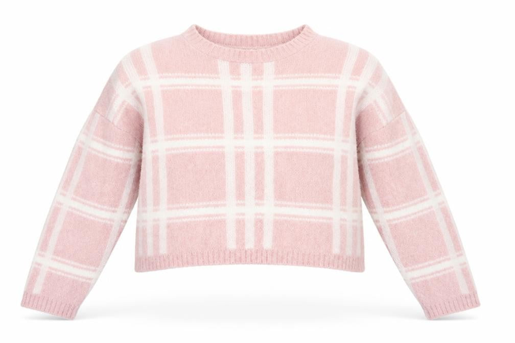 Front view of PRETTYLITTLETHING women’s pink crew neck check acrylic jumper, size M