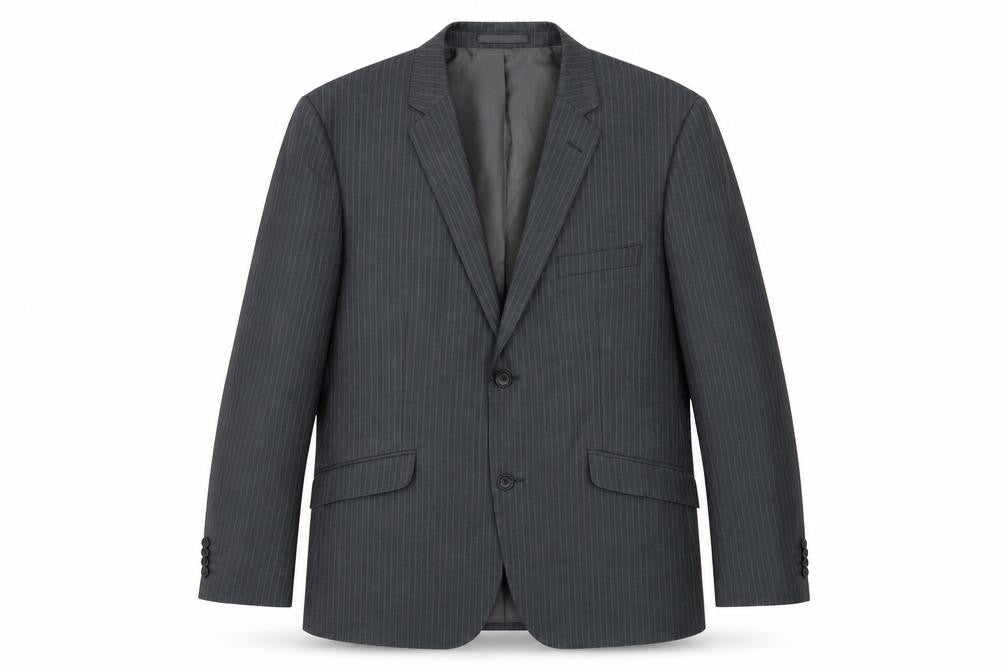 Front view of Butler & Webb men’s grey striped jacket blazer, size 42, button