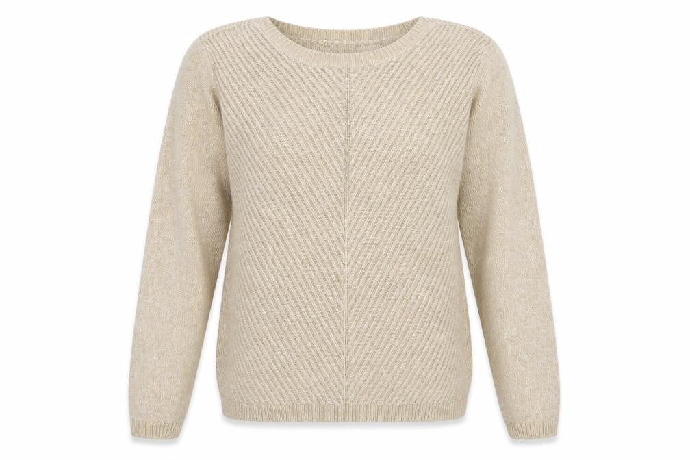 Front view of Isle women’s beige boat neck acrylic jumper, size UK 14