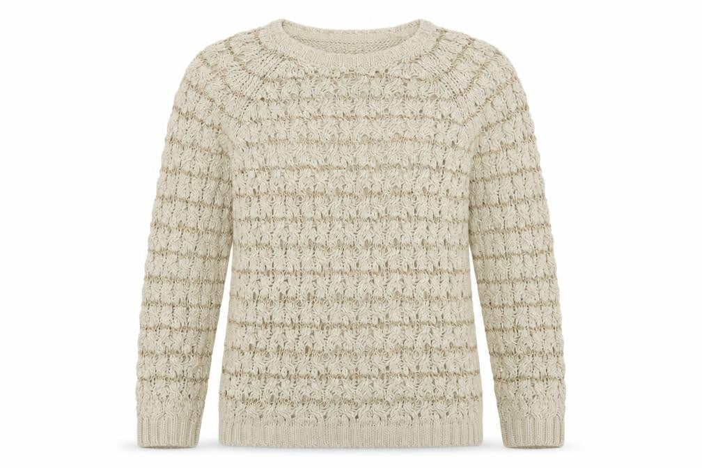 Front view of Warehouse women’s beige boat neck cotton jumper, size UK 14