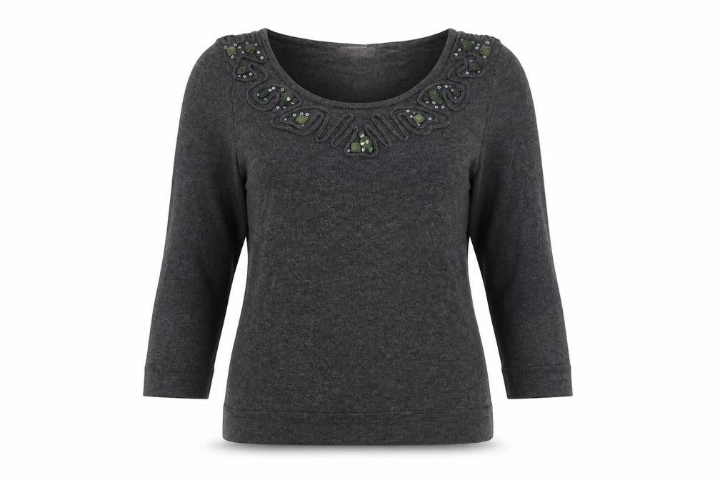 Front view of Per Una women’s grey boat neck viscose jumper, size UK 12