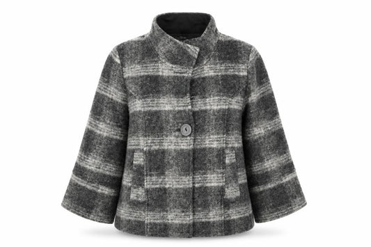 Front view of Next women’s grey plaid jacket, size UK 10, button