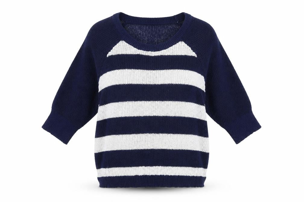 Front view of Peacocks women’s blue round neck striped polyester jumper, size S