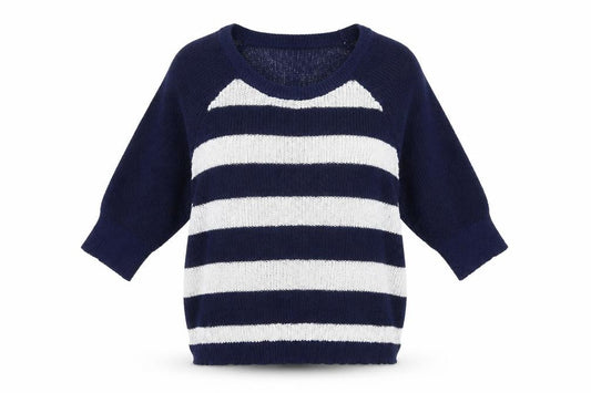 Front view of Peacocks women’s blue round neck striped polyester jumper, size S