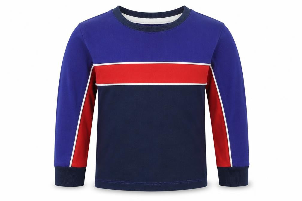 Front view of Next boys’ blue striped cotton pullover sweatshirt, size 4, years pullover