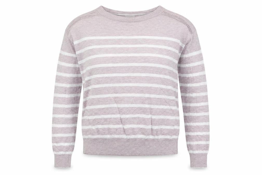 Front view of Next women’s pink crew neck striped cotton jumper, size UK 6
