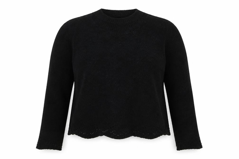 Front view of Primark women’s black crew neck polyester jumper, size UK 14