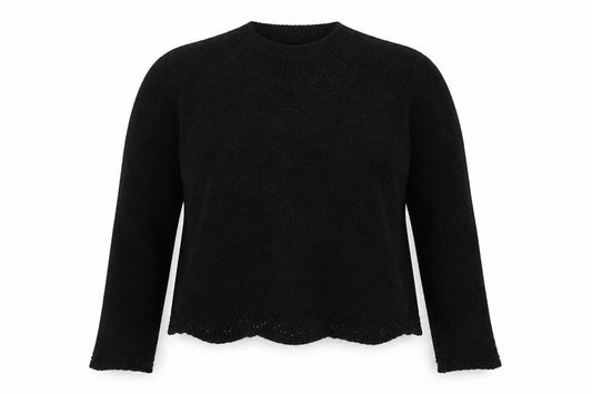 Front view of Primark women’s black crew neck polyester jumper, size UK 14