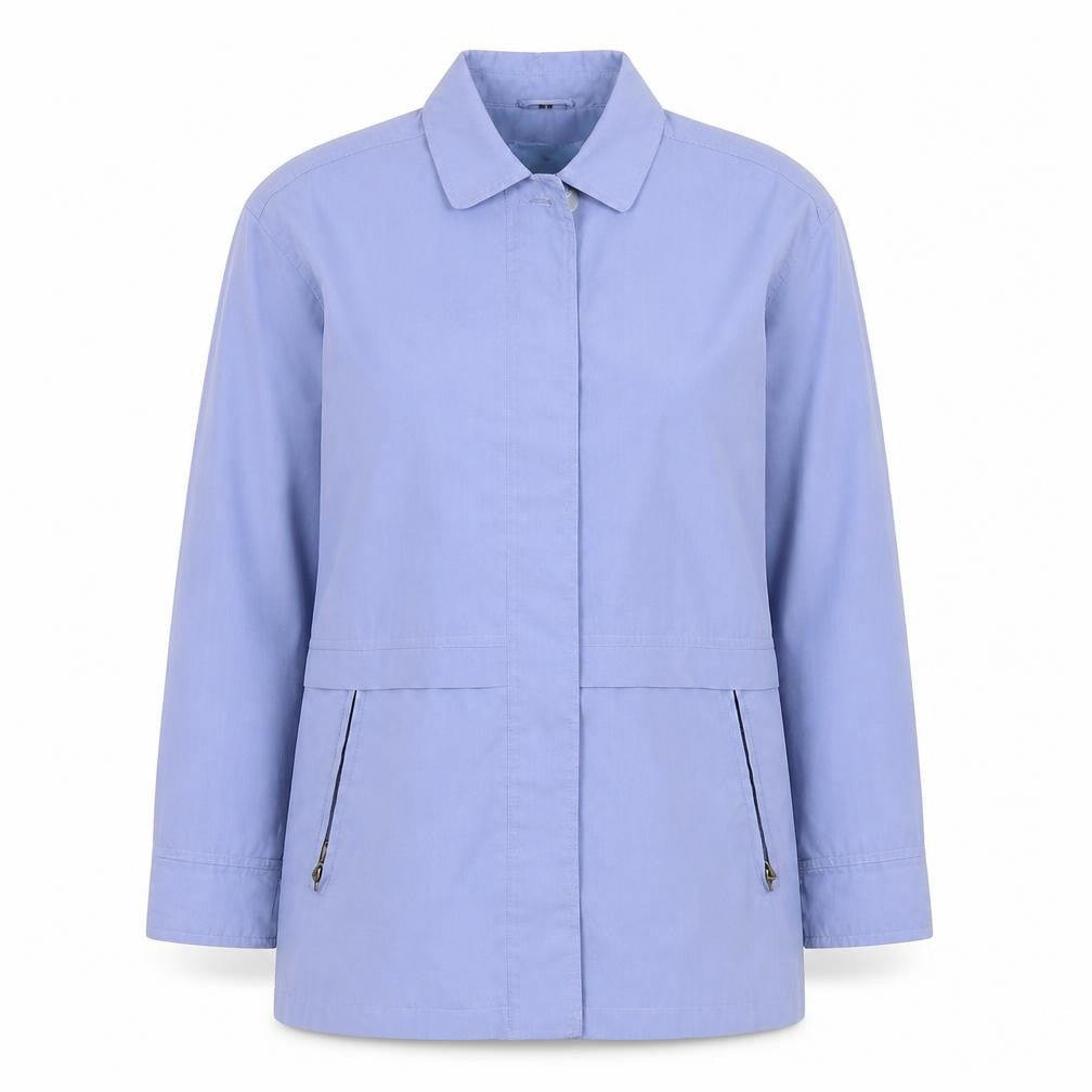 Front view of Preworn women’s blue jacket coat, size UK 12, button