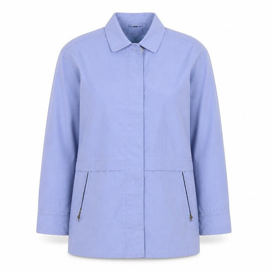 Front view of Preworn women’s blue jacket coat, size UK 12, button