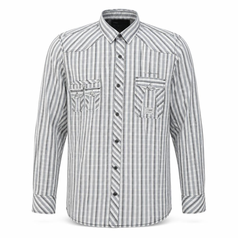 Front view of Next men’s white striped cotton button-up, size XL, collared button