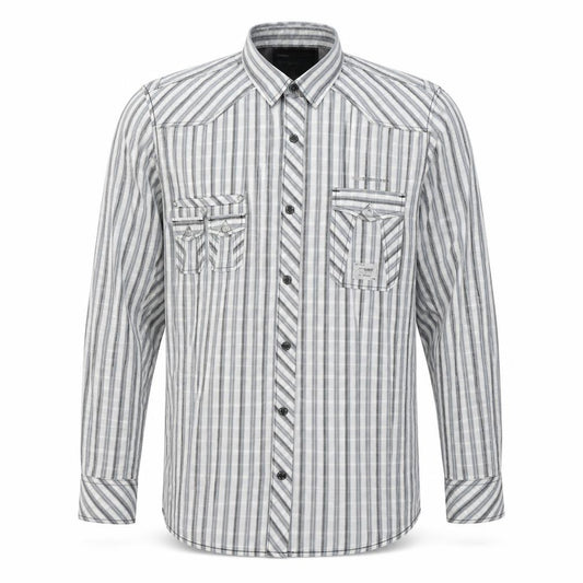 Front view of Next men’s white striped cotton button-up, size XL, collared button