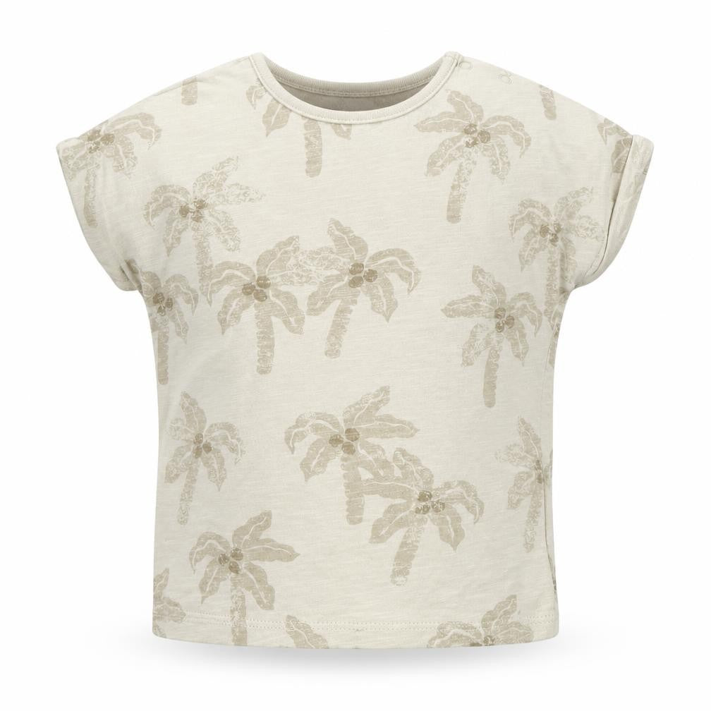 Front view of Next boys’ beige cotton basic t-shirt, size 6-9, months round neck pullover - palm trees