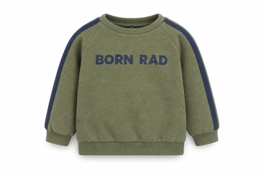Front view of Primark boys’ green polyester jumper, size 18-24, months - born rad
