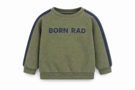 Front view of Primark boys’ green polyester jumper, size 18-24, months - born rad