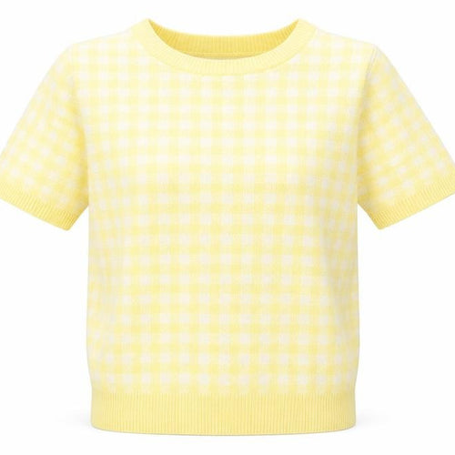Marks and Spencer Womens Yellow Plaid Viscose Basic T-Shirt Size 8 Round Neck
