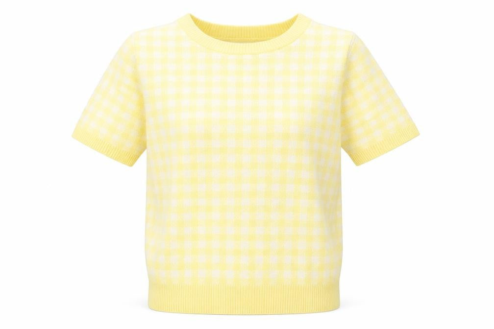 Marks and Spencer Womens Yellow Plaid Viscose Basic T-Shirt Size 8 Round Neck