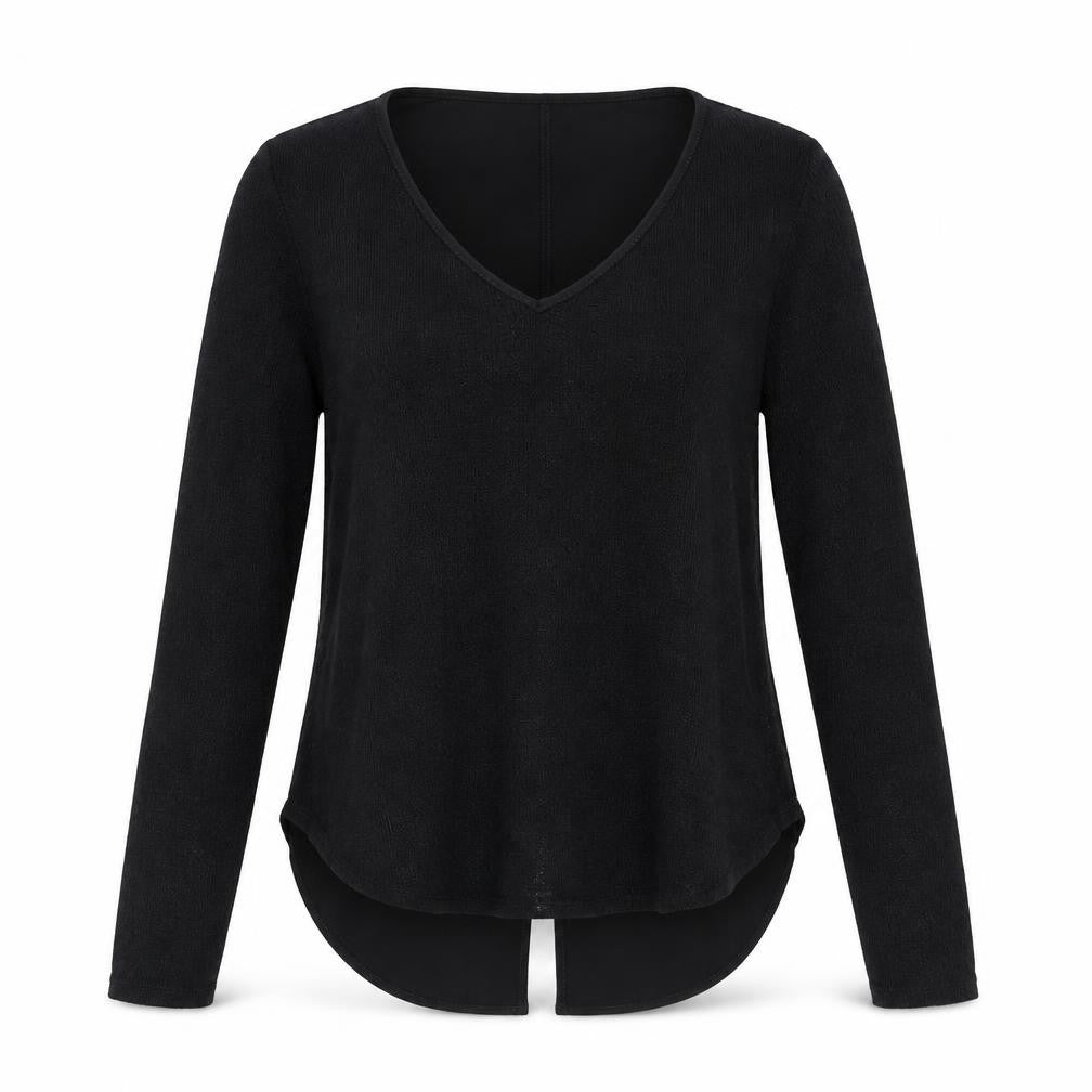 Front view of Gibson women’s black polyester basic blouse, size S, v-neck - sheer