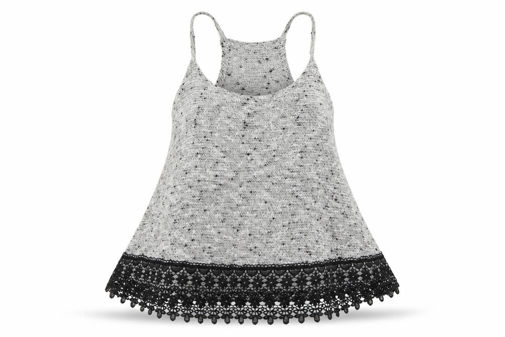 Front view of Atmosphere women’s grey acrylic camisole tank, size UK 10, round neck