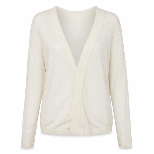 Front view of H&M women’s beige v-neck polyester cardigan jumper, size M