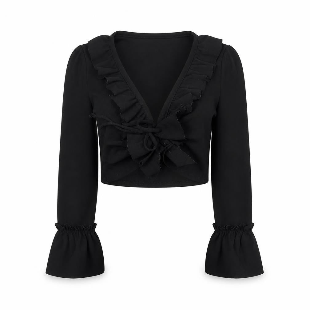 Prague Womens Black  Polyester Cropped Blouse Size 8 V-Neck