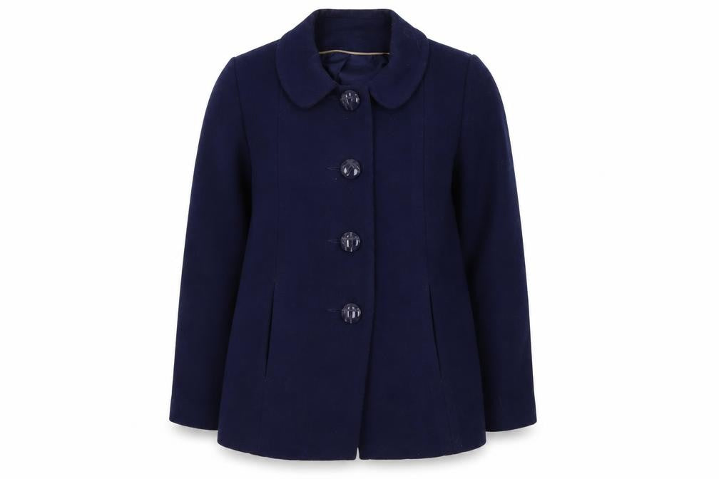 Front view of Bonmarché women’s blue overcoat coat, size UK 12, button
