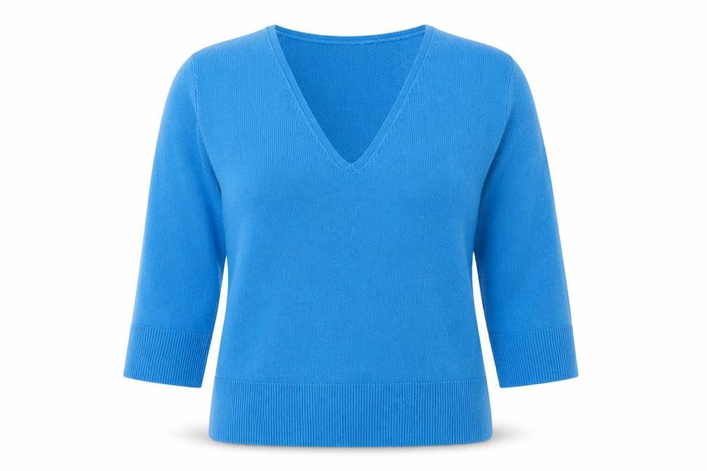 Front view of M&Co women’s blue acrylic pullover sweatshirt, size M, pullover