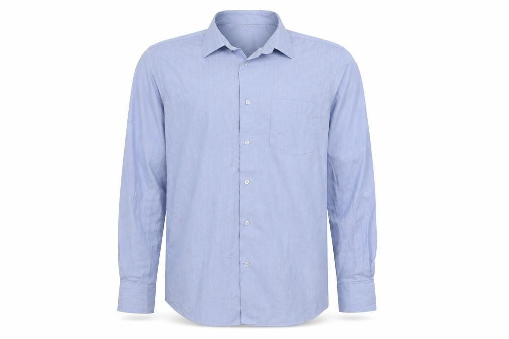 Front view of Dunnes men’s blue cotton button-up, size 15.5 collared button