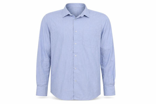 Front view of Dunnes men’s blue cotton button-up, size 15.5 collared button