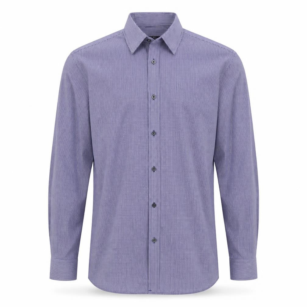Front view of Tailor & Cutter men’s blue check polyester button-up, size 15.5 collared button
