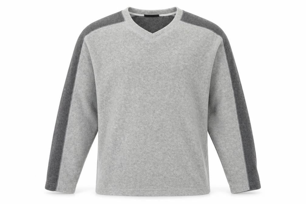 Front view of Cedarwood State men’s grey polyester pullover sweatshirt, size M