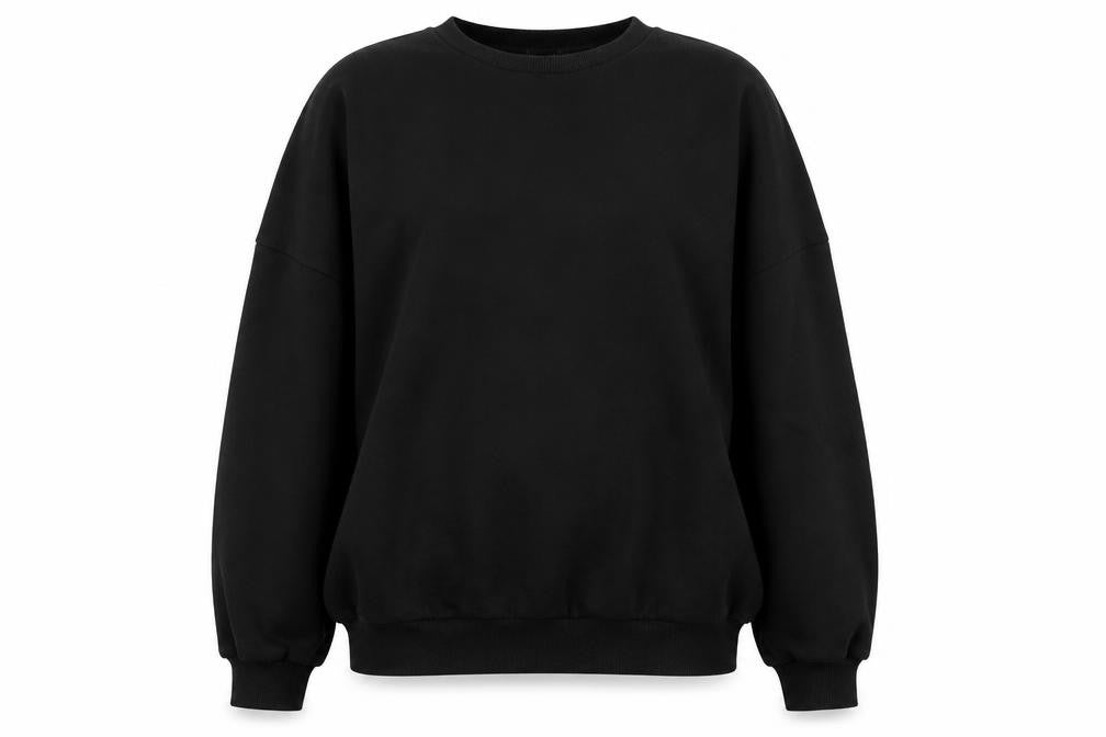Front view of PRETTYLITTLETHING women’s black polyester pullover sweatshirt, size UK 12, - new york
