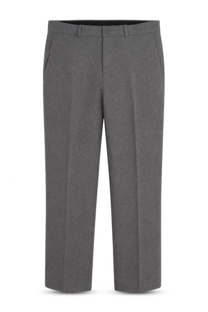 Front view of BHS men’s grey polyester trousers, size 34, in, 28-inch leg regular zip