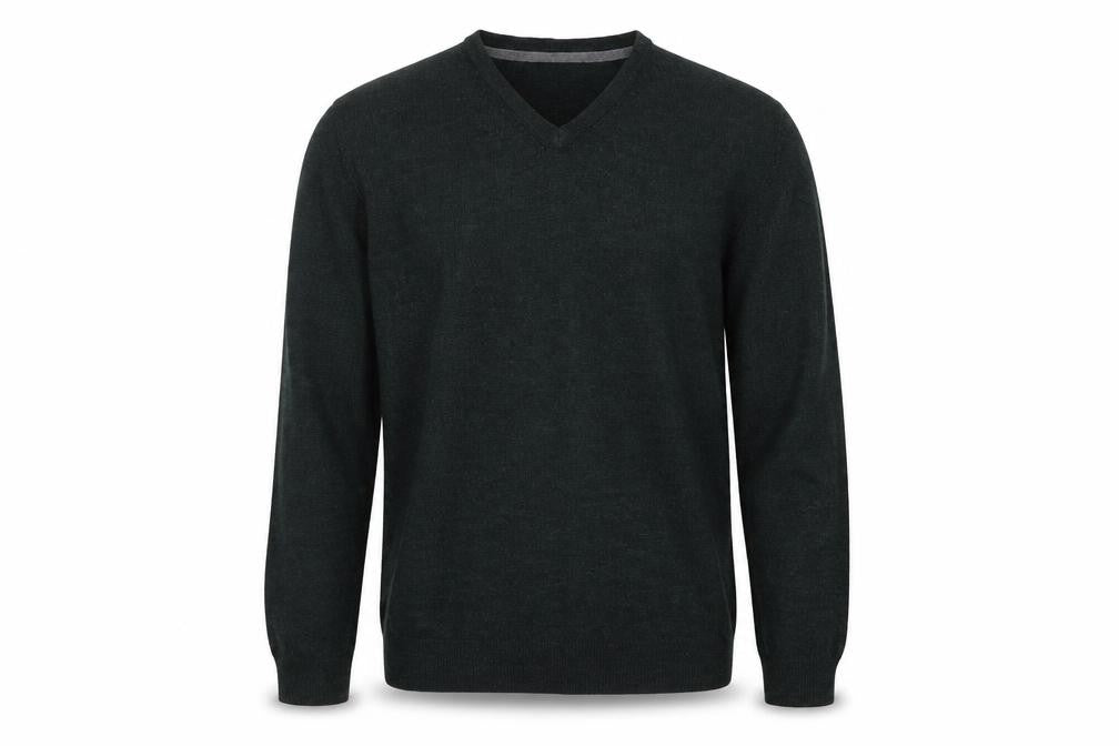 Front view of Matalan men’s green v-neck acrylic jumper, size L