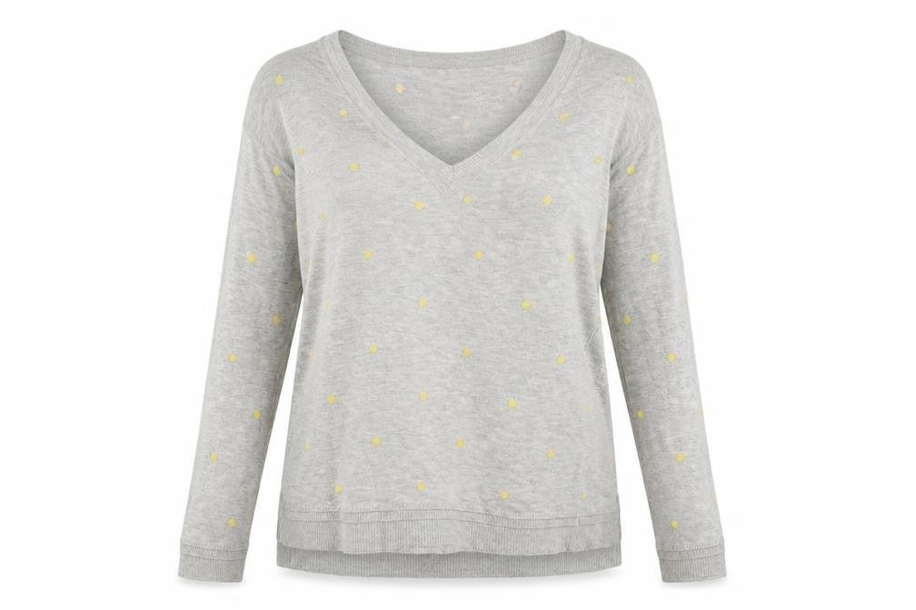 Front view of Next women’s grey v-neck polka dot polyester jumper, size UK 12