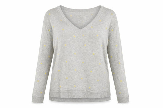 Front view of Next women’s grey v-neck polka dot polyester jumper, size UK 12