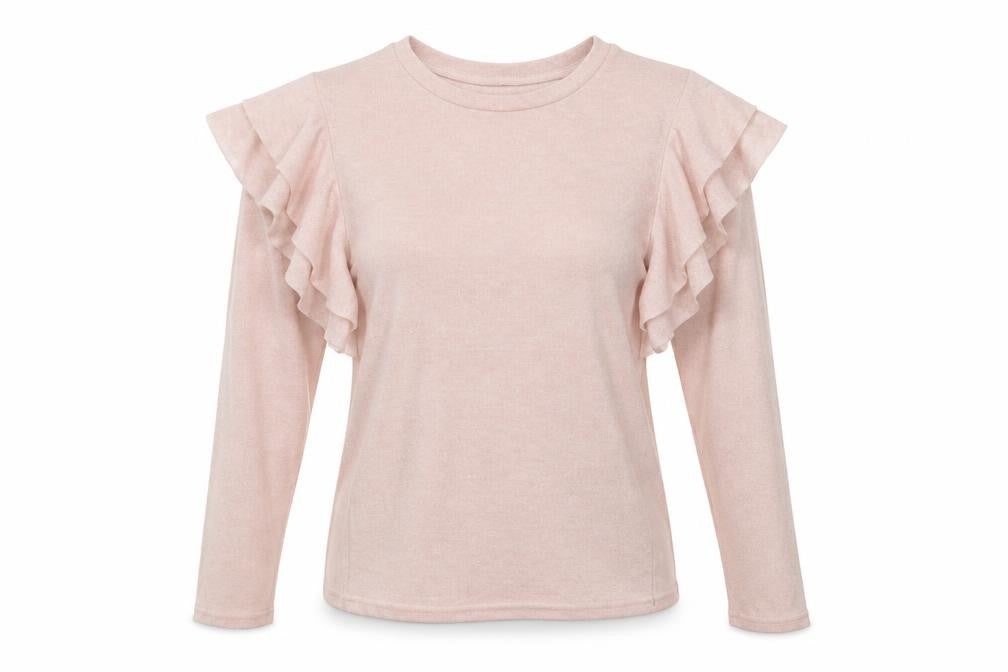 Front view of M&Co women’s pink round neck polyester jumper, size UK 8