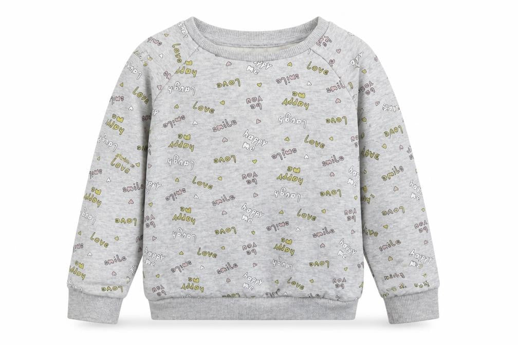Front view of Primark girls’ grey geometric cotton pullover sweatshirt, size 2-3, years pullover