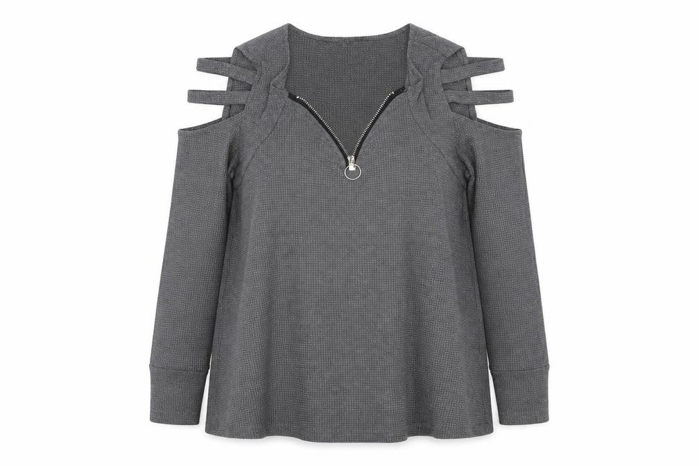 Front view of women’s grey cotton pullover sweatshirt, size L, zip