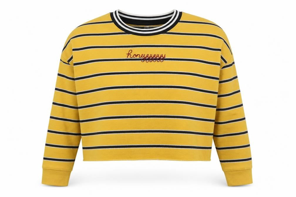Front view of Primark women’s yellow striped cotton pullover sweatshirt, size M, pullover - cropped