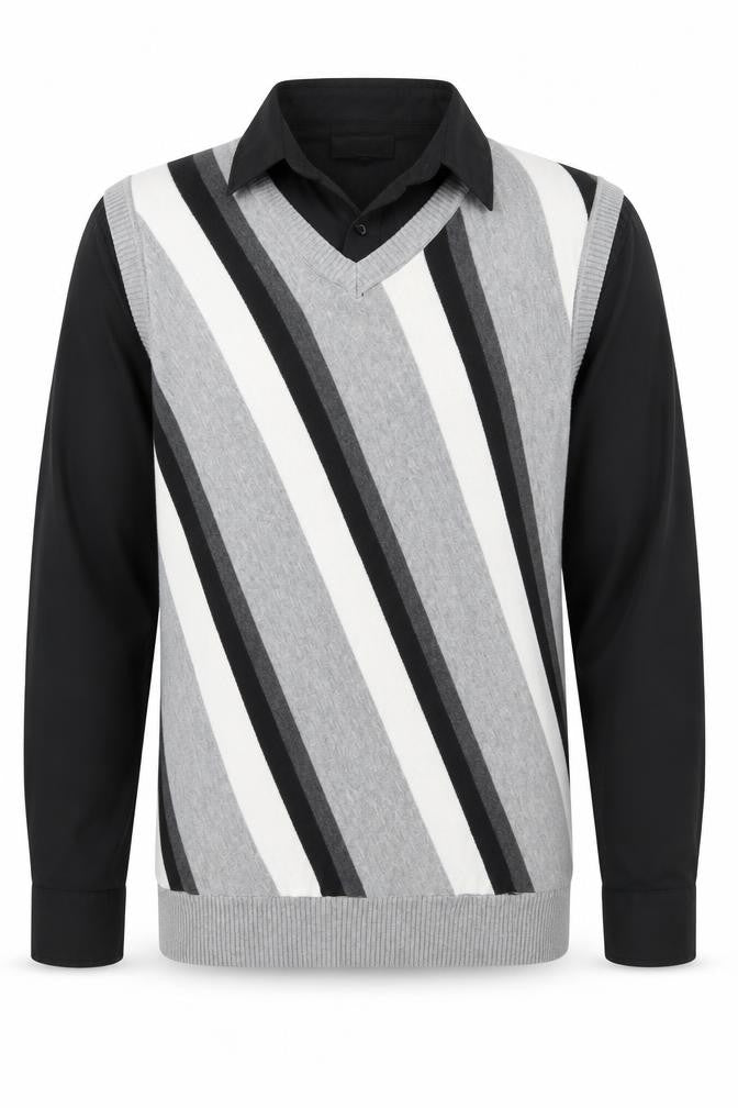 Front view of Nobco men’s grey collared striped acrylic jumper, size 2XL