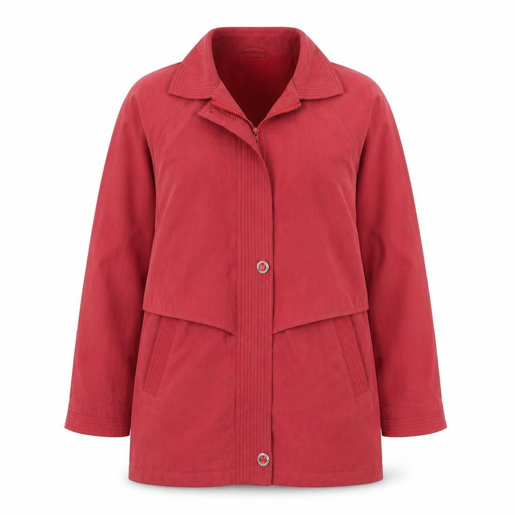Front view of Gold women’s pink overcoat coat, size M, zip