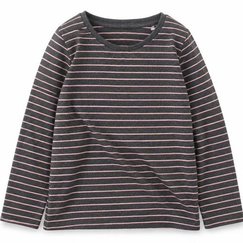 Preworn Girls Grey Striped Cotton Basic Casual Size 3-4 Years Round Neck