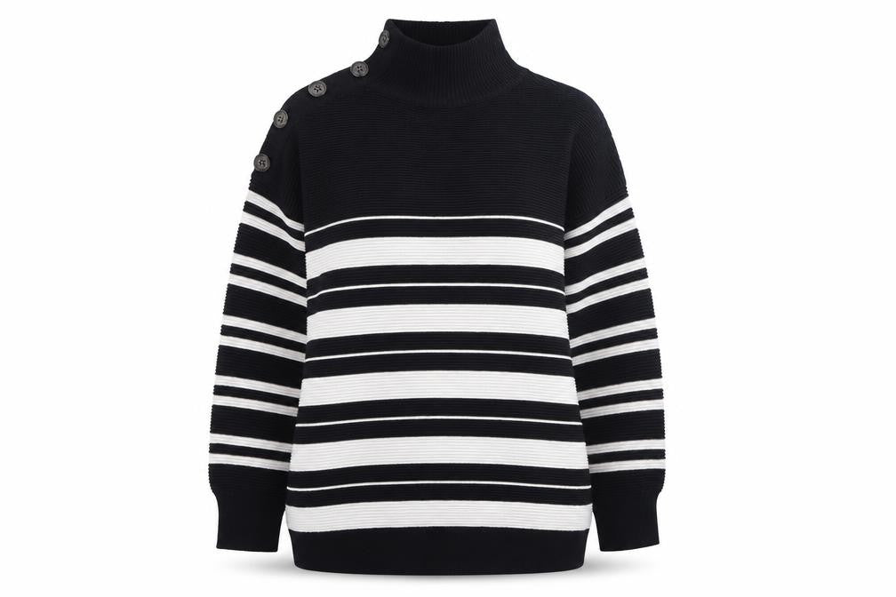 Front view of M&Co women’s black striped viscose pullover sweatshirt, size UK 14