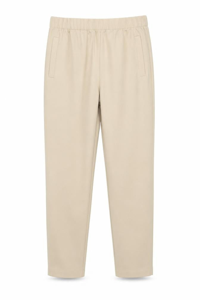 Front view of H&M women’s beige cotton trousers, size UK 42, 27-inch leg regular